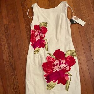Studio White Dress with Red Floral Design
